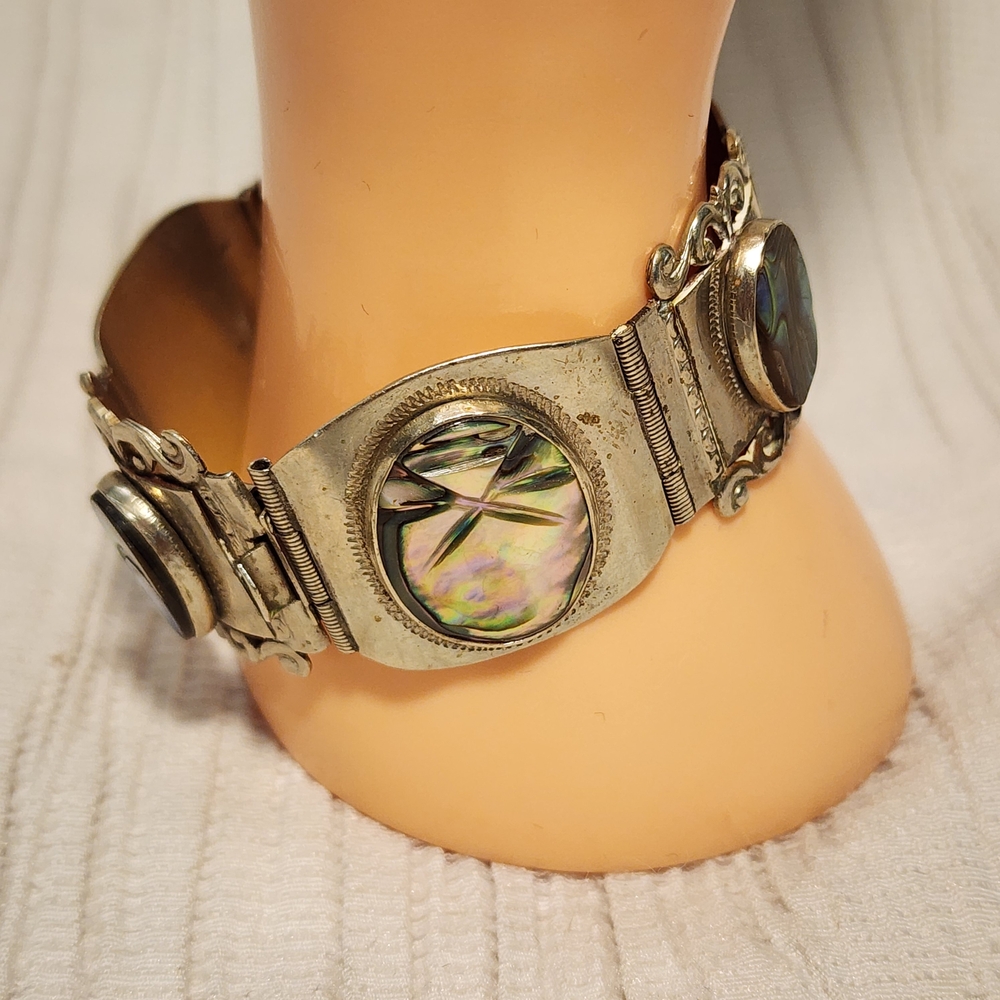 Vintage Taxco Sterling Silver 925 Abalone Panel Bracelet Mexico 7" Ornate - Picture 14 of 15
